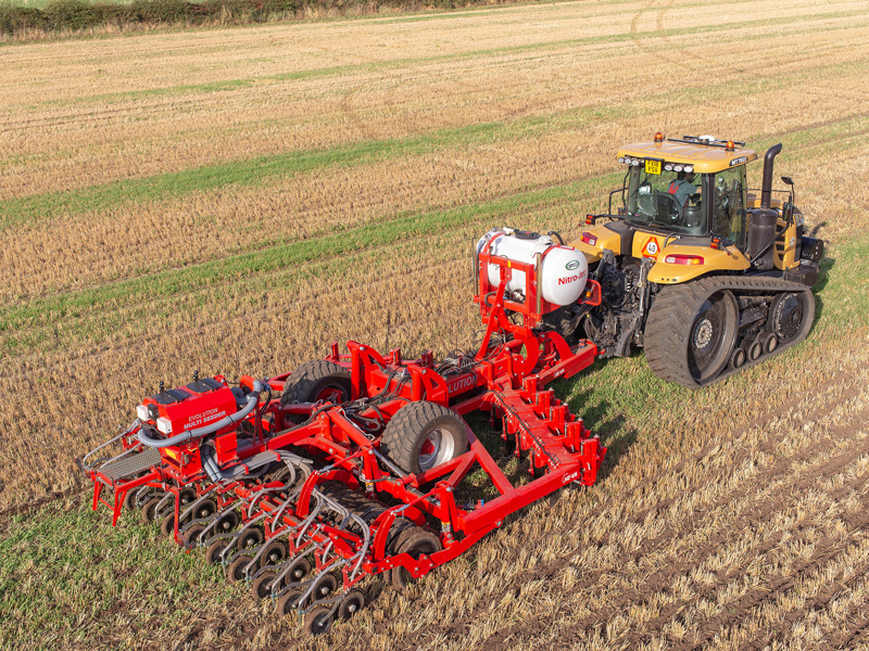 Drone image of HE-VA Evolution establishing OSR behind a Challenger tractor