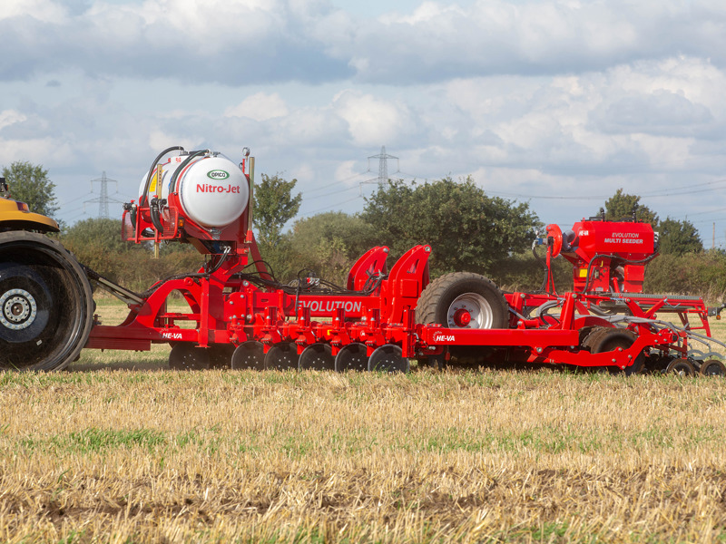 HE-VA Evolution establishing OSR behind a Challenger tractor, including a Nitro-Jet liquid fertiliser applicator
